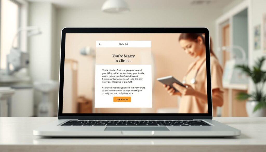 A well-designed email marketing campaign for a clinic, featuring a modern, clean layout with a warm, professional tone. Foreground shows a laptop screen displaying an email template with a personalized message, subtle branding, and a clear call-to-action button. Middle ground depicts a healthcare professional reviewing patient data on a tablet device. Background showcases a calming, blurred clinic interior with soothing colors and medical equipment. Soft, diffused lighting creates a pleasant, inviting atmosphere. Crisp, high-resolution rendering with a photorealistic aesthetic.