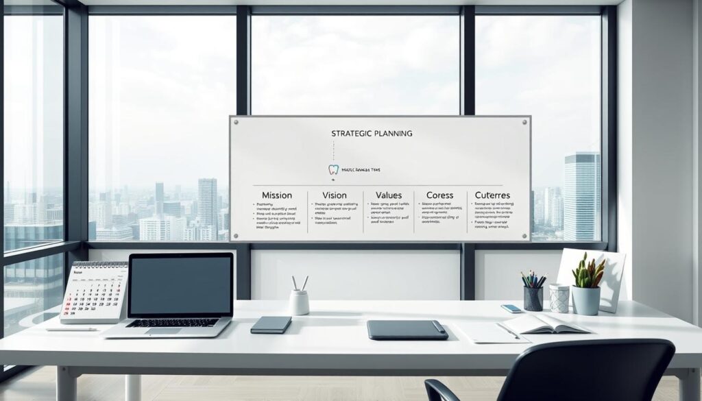 A well-designed strategic planning framework for a dental clinic, featuring a modern and minimalist aesthetic. In the foreground, a clean desk with a laptop, calendar, and various office supplies, symbolizing organized workflow. The middle ground showcases a visual representation of the clinic's mission, vision, and core values, presented on a sleek whiteboard. In the background, a panoramic window offers a view of a bustling city skyline, suggesting the clinic's forward-thinking approach and connection to the community. The lighting is soft and natural, creating a professional yet approachable atmosphere. The camera angle is slightly elevated, conveying a sense of strategic oversight and careful consideration of the clinic's objectives.