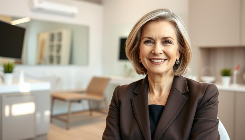 A well-dressed, middle-aged woman with a warm, friendly smile sits in a modern, minimalist dental office. The lighting is soft and natural, creating a calming, professional atmosphere. The woman's attire and demeanor convey a sense of trust and approachability, making her an ideal persona for a dental practice. The background features clean, elegant furnishings and a neutral color palette, highlighting the woman as the focal point. The composition is balanced, with the woman positioned in the center, creating an inviting and relatable image that captures the essence of a dental office's personalized, patient-centric approach.