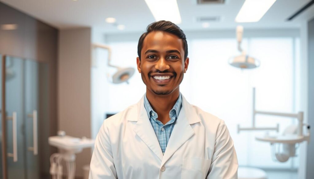 A well-dressed, professional-looking individual standing in a modern, minimalist dental clinic. The person has a friendly, approachable expression and is wearing a white lab coat or scrubs, conveying a sense of expertise and compassion. The background features clean, bright lighting, with sleek medical equipment and decor that suggests a state-of-the-art facility. The image has a warm, inviting tone, capturing the essence of a persona that patients would feel comfortable and confident entrusting their dental care to.