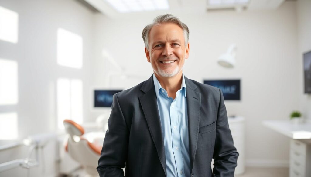 A well-dressed, professional-looking middle-aged person with a warm, friendly demeanor standing in a modern, minimalist dental office setting. Soft, natural lighting illuminates the scene, creating a calming atmosphere. The individual's attentive gaze and caring expression convey a sense of empathy and trustworthiness. The background features clean, white walls, sleek dental equipment, and subtle hints of the office's branding and decor, reflecting the clinic's commitment to excellence and patient-centric care.
