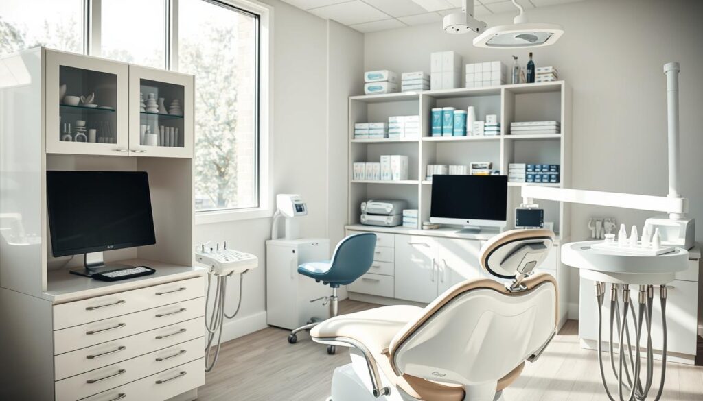 A well-equipped dental office, bathed in soft, natural lighting filtering through large windows. In the foreground, a modern dental chair stands ready, its sleek design and chrome accents gleaming. Nearby, a cabinet displays an array of dental tools, neatly organized and sterile. The middle ground features a consultation desk with a computer monitor, allowing the dentist to access patient records and plan treatments. In the background, shelves hold a variety of dental supplies, from tooth-colored fillings to advanced imaging equipment. The overall atmosphere conveys a sense of professionalism, cleanliness, and state-of-the-art technology, creating a welcoming environment for patients.