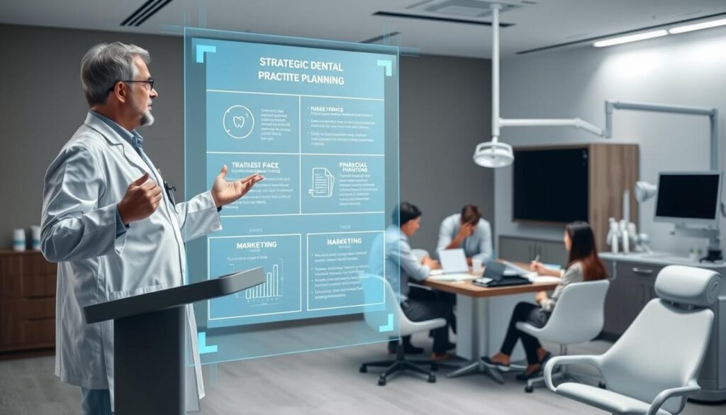 A well-lit and meticulously composed scene depicting strategic dental practice planning. In the foreground, a dentist in a white coat stands at a podium, gesturing towards a large, holographic display showcasing a detailed business plan, financial projections, and a comprehensive marketing strategy. In the middle ground, a team of dental professionals huddle around a conference table, poring over documents and exchanging ideas. The background features a modern, minimalist dental office interior with sleek equipment and state-of-the-art technology. The overall mood is one of focused professionalism, innovation, and a strong commitment to delivering exceptional patient care through strategic management.
