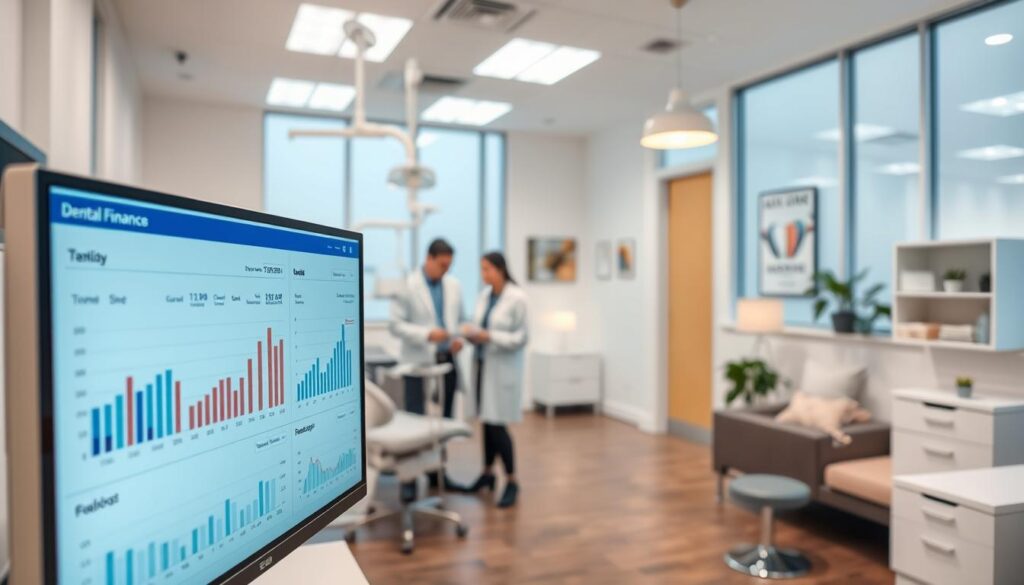 A well-lit and organized dental clinic interior, with a prominent financial dashboard displayed on a computer screen in the foreground. The dashboard shows charts, graphs, and key financial metrics relevant to clinic management. In the middle ground, a dentist and accountant discuss clinic finances, surrounded by dental equipment and modern furniture. The background features a serene waiting area with comfortable seating and décor that reflects the clinic's brand identity. The overall scene conveys a sense of professionalism, efficiency, and financial control in the management of a successful dental practice.