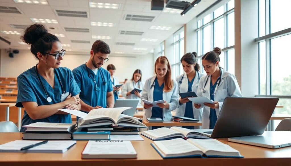 A well-lit classroom scene featuring a group of healthcare professionals in scrubs and lab coats studying course materials related to dental practice management. The foreground shows a table with various textbooks, laptops, and papers spread out, suggesting an engaged learning environment. In the middle ground, the students are intently focused on their studies, highlighting the academic nature of the "dental management" courses. The background depicts the interior of a modern, cleanly-designed university lecture hall with large windows allowing natural light to flow in, creating a sense of openness and productivity. The overall mood is one of serious, purposeful learning aimed at improving dental practice efficiency and patient care.