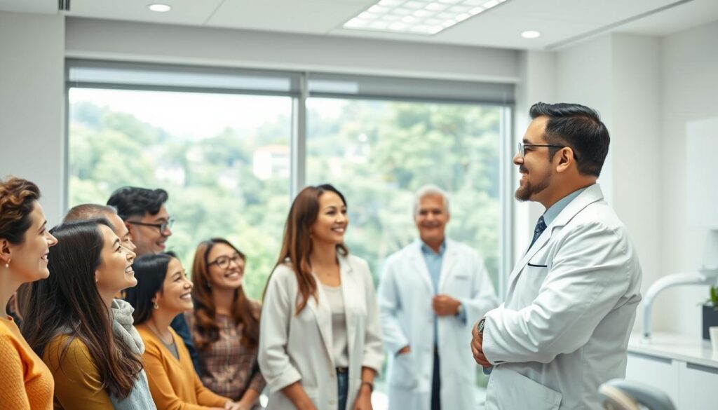 A well-lit clinic with a modern, minimalist interior design. In the foreground, a group of diverse patients - young and old, male and female - are engaged in friendly conversation, representing the target audience for the dental clinic. The middle ground focuses on a dentist in a pristine white coat, demonstrating care and attentiveness as they consult with a patient. The background features a large window overlooking a lush, verdant city landscape, conveying a sense of growth, wellness, and community. The overall mood is one of professionalism, inclusivity, and a focus on the individual needs of the clinic's diverse clientele.