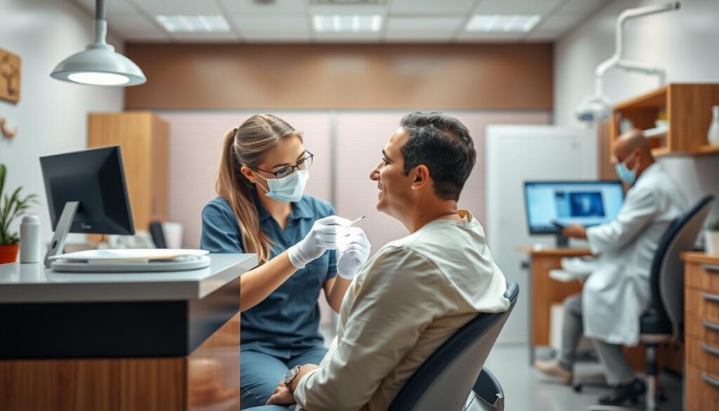A well-lit, clinical dental office with a receptionist's desk and patient waiting area in the foreground. In the middle ground, a dental hygienist examining a patient's teeth, their focused expressions conveying the professionalism of the practice. In the background, a doctor reviewing patient records on a computer, representing the streamlined, efficient processes that enable the clinic's smooth operation. The overall scene exudes an atmosphere of meticulous care, attention to detail, and commitment to patient wellness, exemplifying the optimization of internal workflows for a successful dental practice.