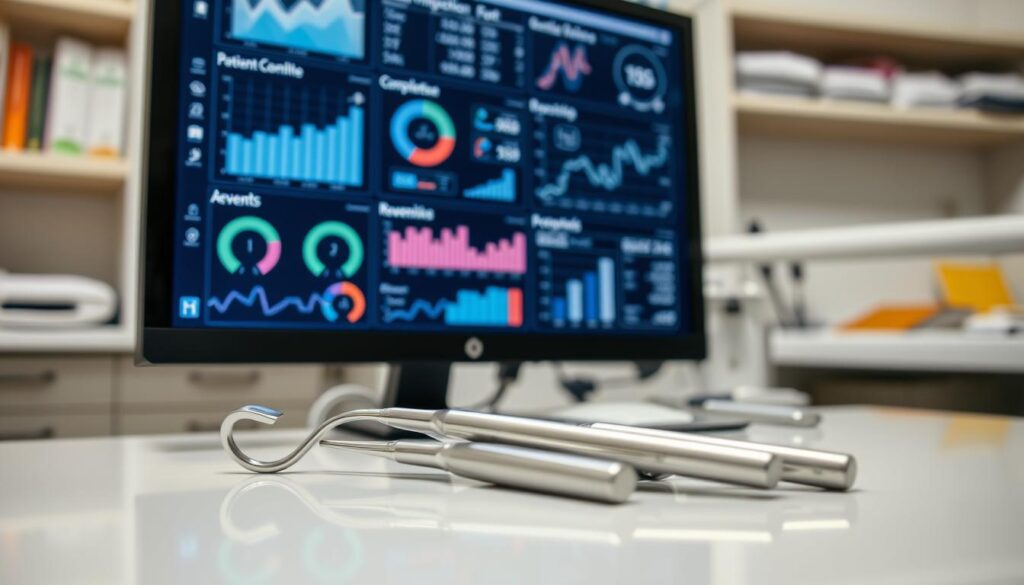 A well-lit, closeup view of a dentist's workstation, featuring a modern computer monitor displaying various dental health metrics and analytics. The screen shows charts, graphs, and data visualizations tracking key performance indicators such as patient satisfaction, treatment completion rates, and revenue targets. In the foreground, a pair of meticulously organized dental instruments and tools rest on a pristine, reflective surface. The background hints at the broader dental office environment, with shelves of reference materials and the faint outlines of other equipment. The overall scene conveys a sense of precision, professionalism, and a data-driven approach to managing the dental practice.