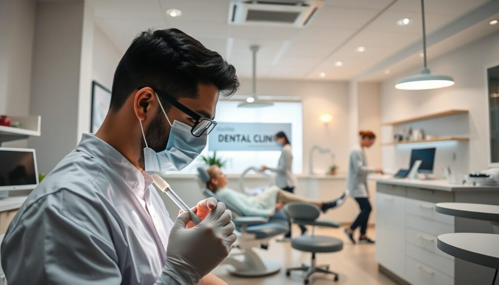 A well-lit dental clinic interior, showcasing various use cases. In the foreground, a dentist examines a patient's teeth, using modern equipment. The middle ground features a dental hygienist cleaning a patient's teeth, while in the background, a receptionist assists a patient at the front desk. The overall atmosphere is one of professionalism, cleanliness, and attention to detail, reflecting the "Ideal Dental Clinic" concept. Warm lighting, subtle color palettes, and clean, minimalist design elements create a calming, comfortable environment.