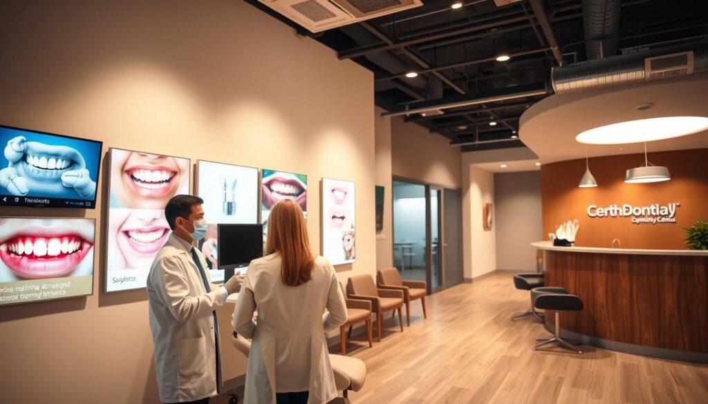 A well-lit dental clinic interior with a warm, professional atmosphere. In the foreground, a dentist consults with a patient, discussing dental health and procedures. On the walls, displays showcasing various dental services and procedures, including dental implants, teeth whitening, and orthodontics. In the background, a modern, minimalist reception area with a warm-toned color palette, comfortable seating, and subtle branding elements. The lighting is a mix of natural daylight and soft, indirect lighting, creating a calming and inviting ambiance. The overall scene conveys the clinic's expertise, attention to patient care, and commitment to providing comprehensive dental solutions.