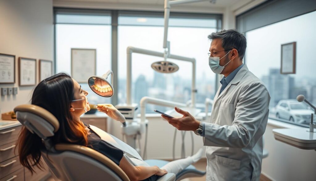 A well-lit dental office interior, with a dentist and patient in the foreground. The dentist is consulting the patient, examining their teeth with a dental mirror. In the middle ground, a modern dental chair and equipment. The background features dental charts, diplomas, and a window overlooking a cityscape. The lighting is warm and professional, creating a calming, trustworthy atmosphere. The scene conveys the expertise and care of a dental practice focused on serving its target demographic of local residents seeking high-quality oral healthcare.