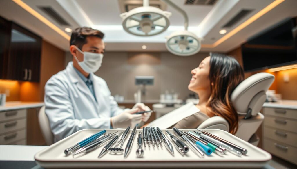A well-lit dental office interior, with a professional dentist in a white coat and face mask examining a smiling patient in a chair. In the middle ground, various dental tools and equipment arranged neatly on a tray. The background features modern, minimalist decor with warm lighting, conveying a sense of trust and competence. The scene radiates a welcoming and reassuring atmosphere, illustrating the benefits of effective dental marketing to attract and retain patients.
