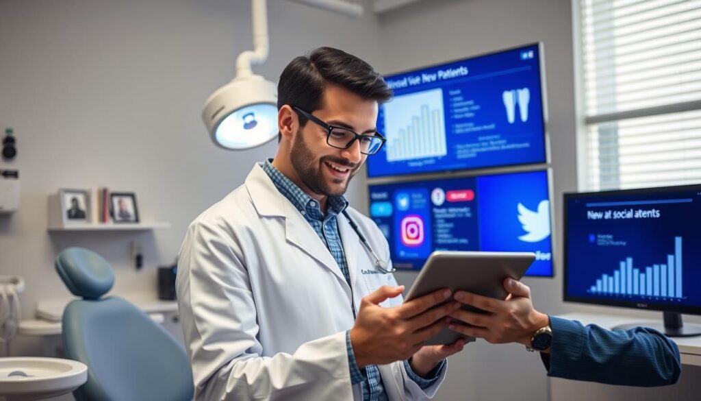 A well-lit dental office setting, with a professional-looking dentist using a tablet to navigate various social media platforms. The dentist is surrounded by digital screens showcasing different social media icons and analytics data, highlighting the effective use of social media in attracting new patients. The overall atmosphere conveys a sense of modern, tech-savvy dental practice focused on digital marketing and patient engagement.