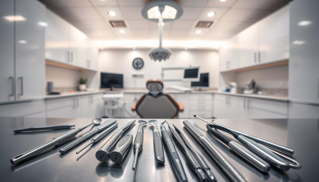 A well-lit dental office with clean, modern dental tools and equipment neatly arranged on a stainless steel countertop. In the foreground, close-up views of precision dental instruments such as dental mirrors, explorers, and dental pliers. In the middle ground, a panoramic view of the dental chair and overhead lighting, conveying a sense of clinical efficiency. The background features white cabinets and clean, minimalist decor, creating a calming, professional atmosphere. Soft, diffused lighting from overhead fixtures casts a warm, inviting glow throughout the scene.
