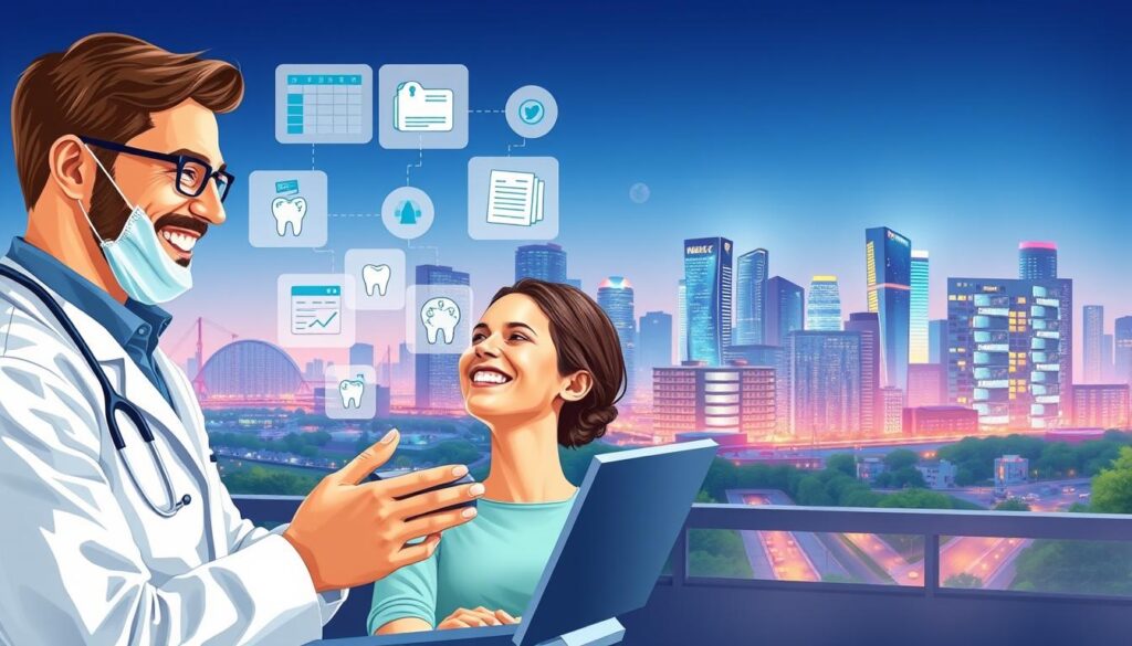 A well-lit, detailed illustration depicting the benefits of free dental practice management systems. In the foreground, a smiling dentist and their staff interacting with a patient. The middle ground showcases various software features like scheduling, invoicing, and patient records. In the background, a vibrant city skyline with modern dental clinics, symbolizing the scalability and accessibility of these free tools. The scene exudes professionalism, efficiency, and a patient-centric approach, encapsulating the key advantages of adopting a free dental practice management system.