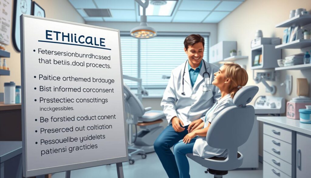A well-lit, detailed illustration of a dentist's office with a focus on the ethical guidelines and professional conduct displayed prominently. The foreground features a whiteboard or signage outlining key ethical principles, such as patient confidentiality, informed consent, and responsible marketing practices. The middle ground showcases a dentist in professional attire, engaging with a patient in a warm, empathetic manner. The background includes various dental equipment and supplies, conveying a sense of a modern, well-equipped practice committed to upholding the highest standards of the dental profession. The overall mood is one of trust, transparency, and a dedication to ethical patient-centered care.