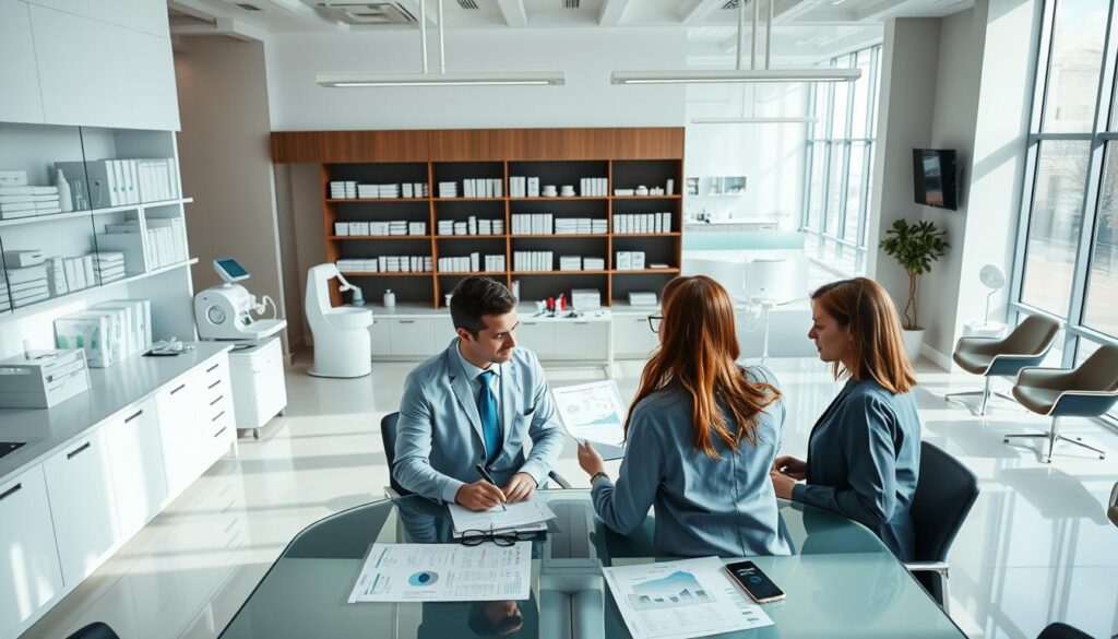 A well-lit, high-angle view of a modern dental clinic interior, showcasing the strategic planning process for effective practice management. In the foreground, a team of dental professionals review diagnostic charts and financial reports on a sleek, glass-topped conference table. The middle ground features neatly organized shelves of dental supplies and state-of-the-art equipment, hinting at the clinic's commitment to efficiency and patient care. The background depicts an expansive, minimalist waiting area with large windows that flood the space with natural light, creating a calming, professional atmosphere. The overall scene conveys a sense of order, precision, and a strategic approach to dental practice management.