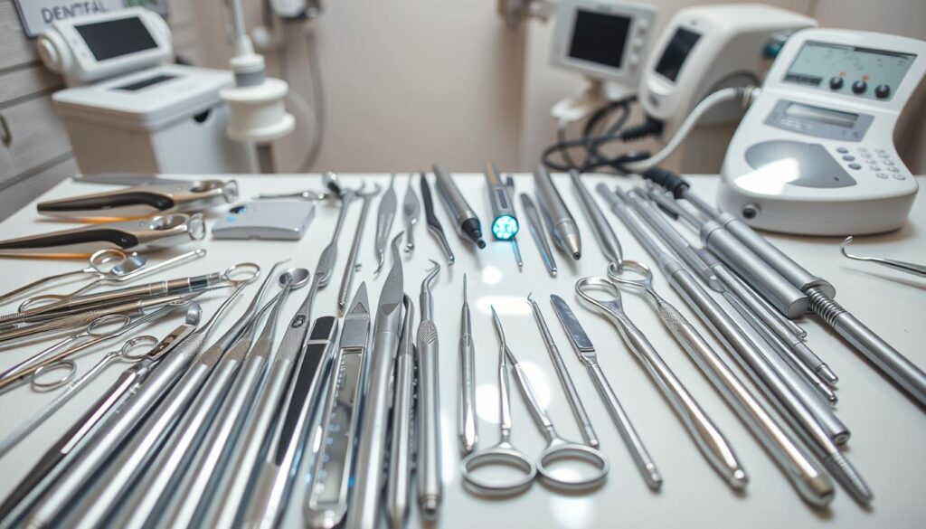 A well-lit, high-quality photograph of an assortment of dental tools and equipment arranged neatly on a clean, white surface. In the foreground, an array of gleaming metal instruments including dental mirrors, probes, pliers, and scalers. In the middle ground, a selection of modern electric tools such as a high-speed handpiece, curing light, and ultrasonic scaler. In the background, a professional-grade dental x-ray machine and other essential diagnostic equipment. The scene conveys a sense of precision, cleanliness, and the dedicated attention to detail required in a successful dental practice.