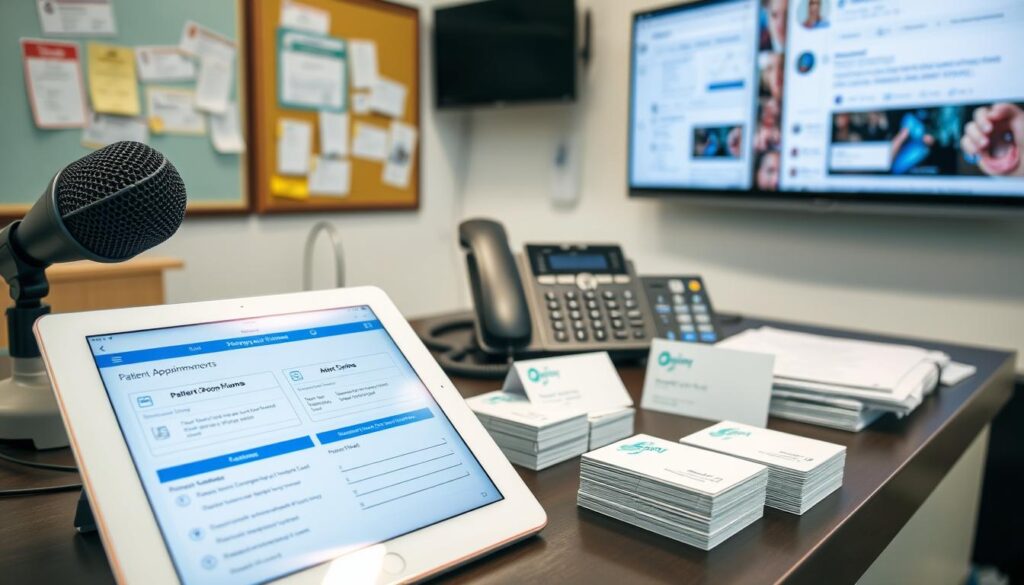A well-lit, high-quality photograph showcasing a diverse assortment of communication tools for a modern dental clinic. In the foreground, a tablet displaying patient appointment schedules and digital forms, alongside a professional-grade microphone for patient-staff interactions. In the middle ground, a sleek, minimalist desk phone and a stack of business cards featuring the clinic's branding. In the background, a bulletin board displaying patient feedback and a large monitor displaying social media profiles and online reviews. The overall scene exudes a sense of efficiency, professionalism, and technology-enabled patient care.