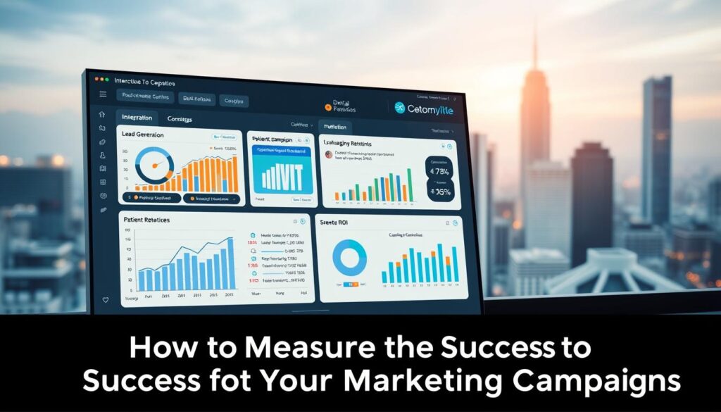 A well-lit, high-resolution image showcasing a comprehensive dashboard of key metrics for dental marketing campaigns. The foreground displays a sleek, modern interface with interactive charts and graphs tracking essential KPIs such as lead generation, appointment bookings, patient retention, and campaign ROI. In the middle ground, a series of infographics illustrate best practices and data-driven insights for optimizing dental marketing strategies. The background features a softly blurred cityscape, conveying a sense of urban professionalism and success. Precise, clean lines, a cool color palette, and minimalist design elements create an authoritative, analytical atmosphere, perfectly suited to illustrate the section on "How to Measure the Success of Your Marketing Campaigns".