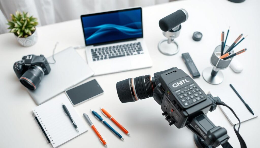 A well-lit, high-resolution photograph of a professional clinic's essential marketing tools, including a modern laptop, a high-quality camera, a tablet device, a professional microphone, and various stationery items such as branded pens, a notepad, and a desk organizer, all arranged on a clean, white desk with a minimalist, elegantly designed background.