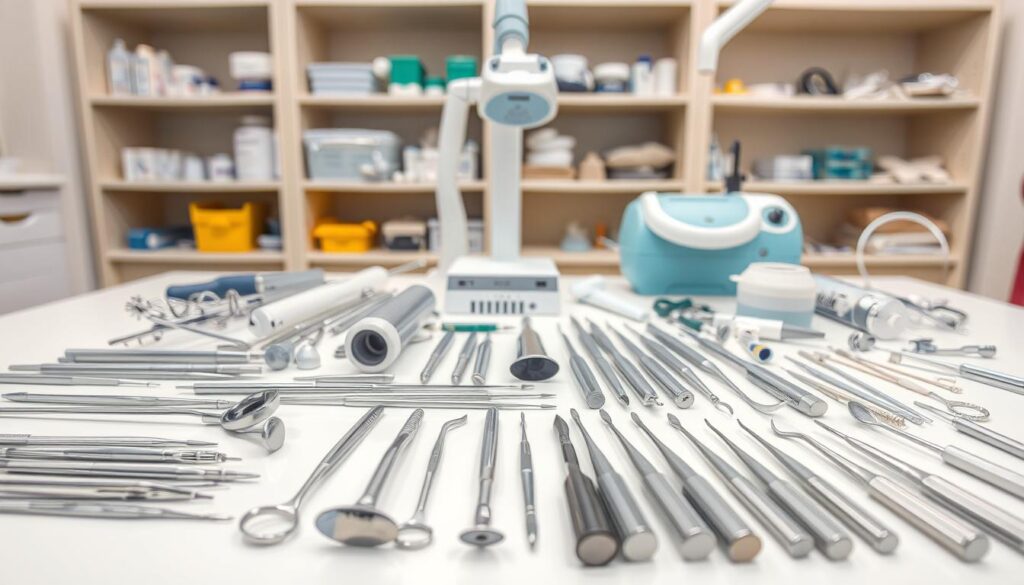 A well-lit, high-resolution photograph of an assortment of dental tools and equipment arranged neatly on a clean, white surface. In the foreground, a variety of dental instruments such as dental mirrors, explorers, and probe sets are displayed. In the middle ground, larger items like a dental x-ray machine, a dental handpiece, and a dental unit are shown. In the background, shelves or cabinets containing other medical supplies and equipment relevant to a dental clinic are visible. The overall scene conveys a sense of professionalism, precision, and the high-quality tools and technology used in a modern dental practice.