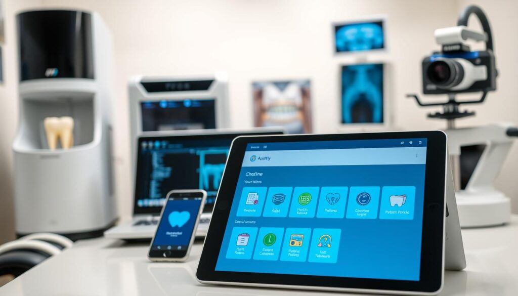 A well-lit, high-resolution photograph of an assortment of digital tools and applications essential for modern dental clinics. In the foreground, a tablet displaying a dental practice management software interface, with icons for scheduling, patient records, and billing. In the middle ground, a laptop, smartphone, and digital camera showcasing their capabilities for patient communication, telehealth, and clinical documentation. In the background, a 3D printer, dental CAD/CAM system, and digital X-ray equipment, highlighting the integration of advanced technologies in the digital dental workflow. The scene conveys a clean, professional, and technology-forward atmosphere, reflecting the importance of digital tools in enhancing the efficiency and patient experience of contemporary dental clinics.