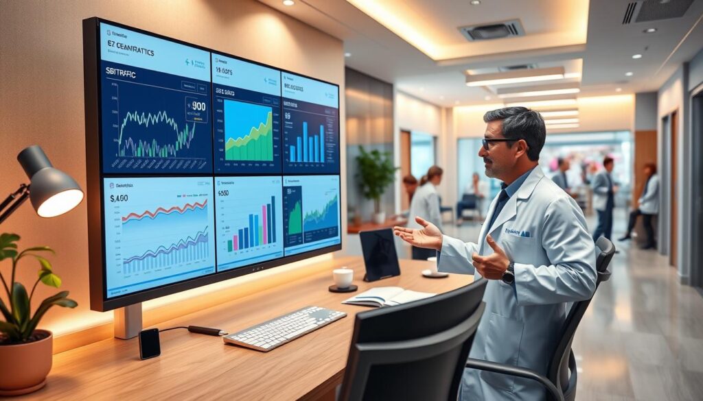 A well-lit, high-resolution render of a modern dental clinic office interior. The foreground features an array of digital marketing analytics displayed on a large multi-monitor workstation, showcasing web traffic, social media engagement, and lead conversion metrics. The middle ground shows a dentist in a white coat reviewing the data, gesturing thoughtfully. In the background, an expansive view of the clinic's lobby with patients in the waiting area, creating a sense of a thriving, digitally-savvy practice. The lighting is warm and professional, accentuating the sleek, contemporary design elements. The overall atmosphere conveys the effectiveness of digital marketing strategies for driving growth in a dental practice.