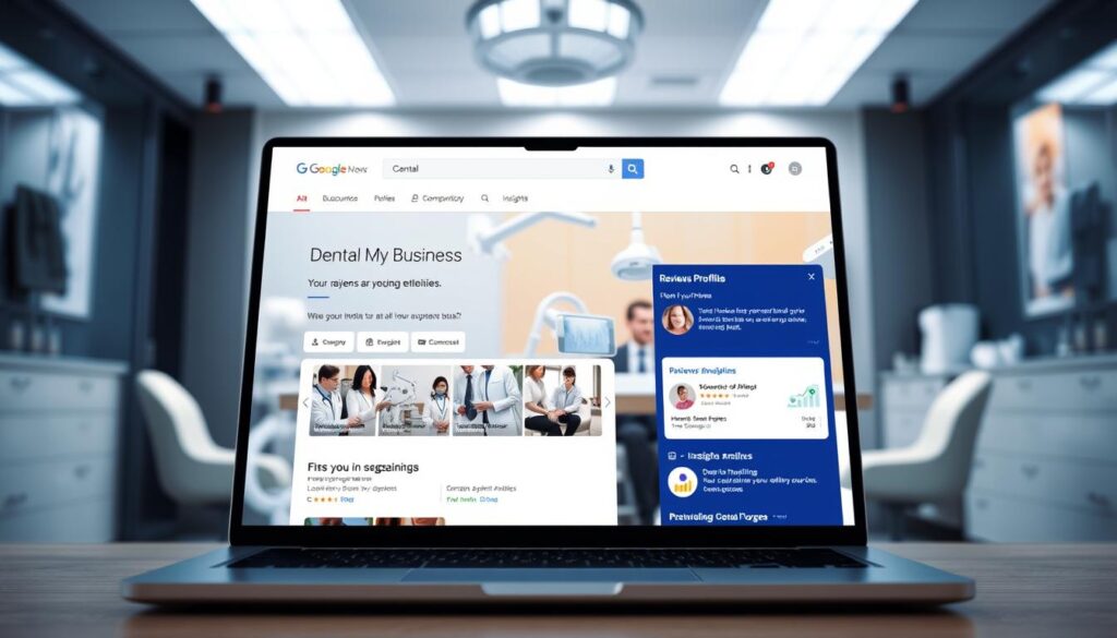 A well-lit, high-resolution rendering of Google My Business homepage for dental clinics, showcasing a clean, modern UI design with intuitive navigation. The foreground depicts a laptop screen displaying the platform's features, such as business profile customization, reviews management, and insights analytics. The middle ground features medical equipment and decor elements typical of a dental office, creating a cohesive visual narrative. The background is a softly blurred, professional-looking office setting, emphasizing the integration of digital marketing tools into the clinical environment. The overall mood is one of efficiency, trust, and patient-centric care, reflecting how Google My Business can transform a dental practice's online presence and engagement.