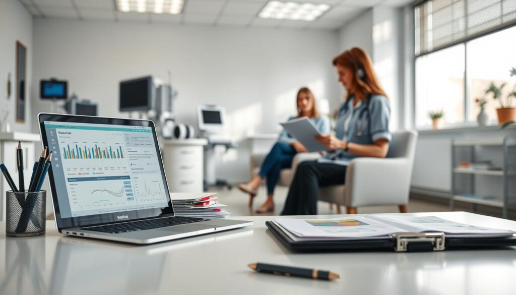 A well-lit medical office interior with a doctor's desk in the foreground. On the desk, a laptop displaying patient data and charts, surrounded by neatly organized folders and a pen holder. In the middle ground, a nurse taking notes on a clipboard while conversing with a patient in a comfortable armchair. The background showcases modern medical equipment and a large window providing natural lighting. The scene conveys an atmosphere of professionalism, attention to detail, and a patient-centric approach to healthcare data management.