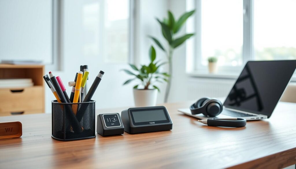 A well-lit, minimalist office setting with a wooden desk, a sleek laptop, and an array of modern productivity tools arranged neatly. In the foreground, a stylish desktop organizer holds pens, highlighters, and a compact digital timer. The middle ground features a plant and a pair of noise-cancelling headphones, symbolizing focus and concentration. The background depicts a clean, airy space with large windows, allowing natural light to flood the scene. The overall mood is one of efficiency, organization, and a productive work environment tailored for a dental professional.