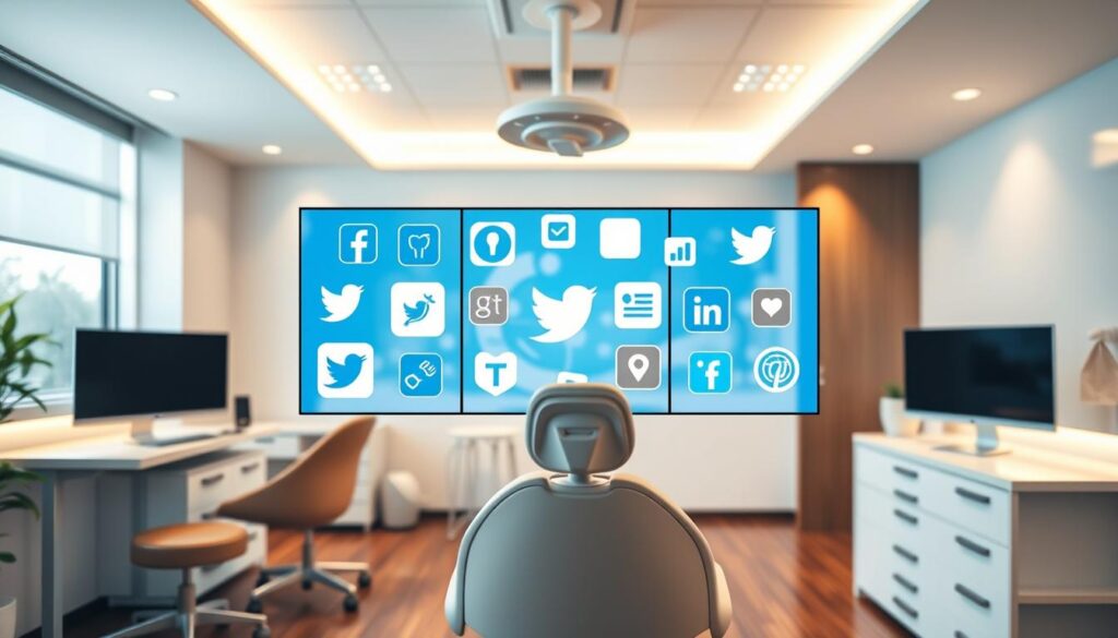 A well-lit, modern dental clinic interior showcasing various social media platforms prominently displayed on computer screens and mobile devices. The foreground features a clean, minimalist aesthetic with sleek furniture and dental equipment, while the middle ground highlights the strategic placement of social media icons, logos, and UI elements. The background subtly incorporates dental-themed motifs, such as dental instruments or patient education materials, to reinforce the thematic connection. The lighting is warm and inviting, creating a professional yet approachable atmosphere that conveys the importance of digital marketing for dental practices.