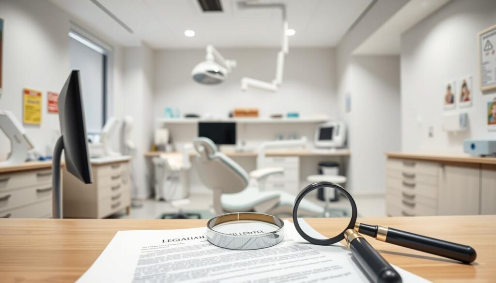 A well-lit, modern dental clinic interior with a clean, professional atmosphere. In the foreground, a desk with legal documents, a computer, and a magnifying glass, symbolizing the focus on compliance and legal matters. The middle ground features a patient chair and equipment, conveying the clinical aspects of dentistry. The background showcases shelves of medical supplies, equipment, and regulatory signage, emphasizing the importance of safety and legal requirements. The overall scene exudes a sense of order, attention to detail, and a commitment to responsible dental practice management.