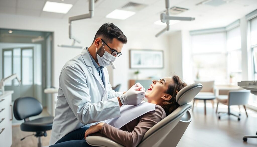 A well-lit, modern dental clinic interior with a professional dentist attentively examining a patient's teeth. The dentist is wearing a white coat and using state-of-the-art equipment, while the patient is sitting comfortably in a reclining chair. In the background, a bright, airy waiting area with comfortable seating and calming decor creates a welcoming atmosphere. The scene conveys a sense of care, expertise, and patient-centric service, reflecting the high-quality dental experience described in the article.