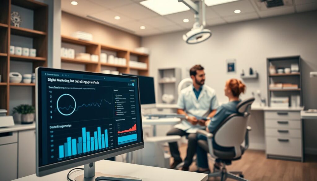 A well-lit modern dental clinic interior with a warm, inviting atmosphere. In the foreground, a desktop computer displays a digital marketing dashboard, showcasing key metrics and strategies for dental clinics. In the middle ground, a dentist consults with a patient, discussing treatment options and digital patient engagement tools. In the background, shelves filled with dental equipment and supplies, suggesting a state-of-the-art facility focused on patient care and digital marketing. The lighting is soft and natural, creating a calming, professional ambiance. The overall scene conveys an integrated approach to digital marketing and patient-centric dental services.
