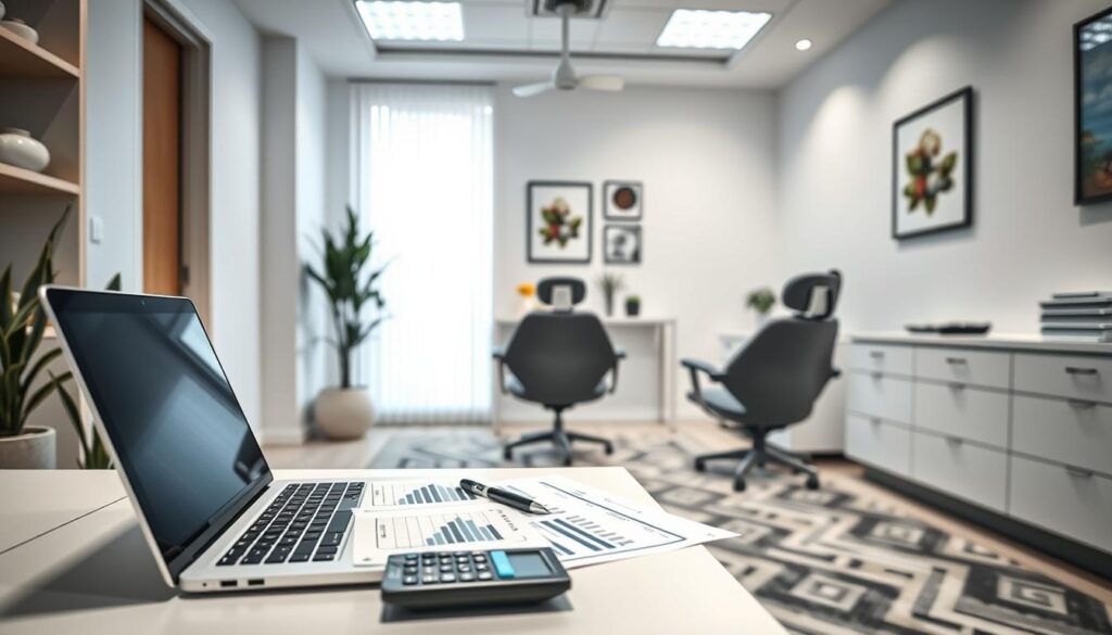 A well-lit, modern dental clinic office with a focus on financial analysis. In the foreground, a desk with a laptop, financial reports, and a calculator. The middle ground features a stylish chair and a geometric-patterned rug. The background showcases clean lines, white walls, and tasteful decor, conveying a professional, minimalist aesthetic. Soft, directional lighting highlights the key financial elements, creating a sense of order and clarity. The overall mood is one of efficiency, organization, and attention to detail, reflecting the meticulous nature of financial reporting in a dental practice.