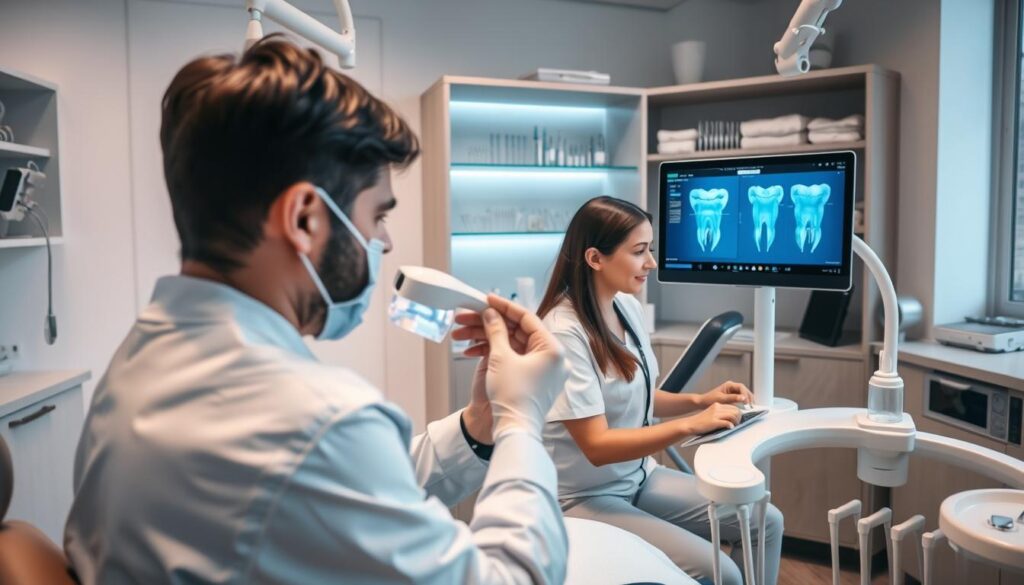 A well-lit, modern dental office interior featuring state-of-the-art dental equipment and technology. In the foreground, a dentist examines a patient's teeth using a digital intraoral scanner. In the middle ground, a dental assistant operates a touchscreen computer managing patient records and scheduling. In the background, shelves display various dental instruments, implants, and other specialized tools. The overall atmosphere conveys a sense of efficiency, innovation, and high-quality patient care.