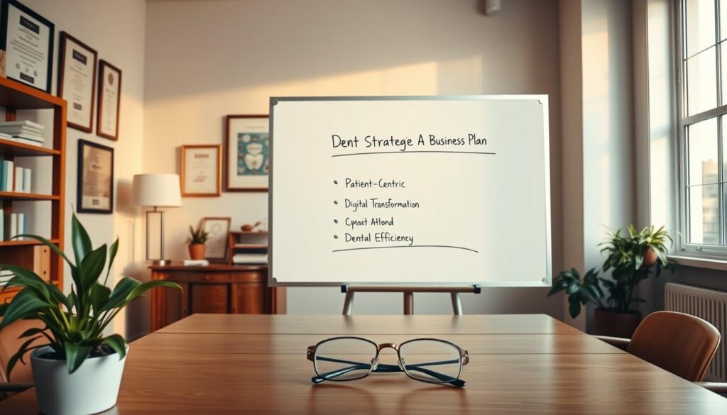 A well-lit office interior with a wooden desk, a potted plant, and a pair of eyeglasses. Behind the desk, a whiteboard displays a strategic business plan for a dental practice, with key points such as "Patient-Centric Approach," "Digital Transformation," and "Operational Efficiency." The walls are adorned with framed certificates and awards, conveying a sense of professionalism and expertise. Warm, natural lighting filters through large windows, creating a serene and inviting atmosphere. The overall scene suggests a thoughtful, strategic approach to dental practice management.