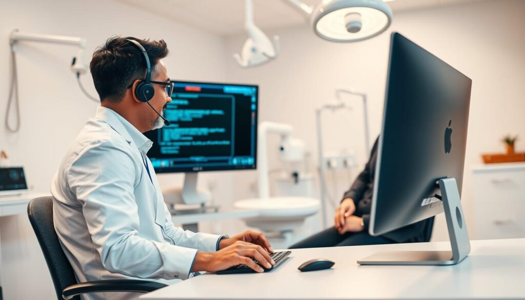 A well-lit office setting, with a desk and computer setup in the foreground. In the middle ground, a technical support agent is assisting a dentist with a software issue on the screen, their expressions focused and collaborative. The background showcases various medical and dental equipment, hinting at the specialized nature of the dental software. The lighting is warm and professional, creating a calm and reassuring atmosphere. The angle is slightly elevated, giving a sense of authority and expertise.
