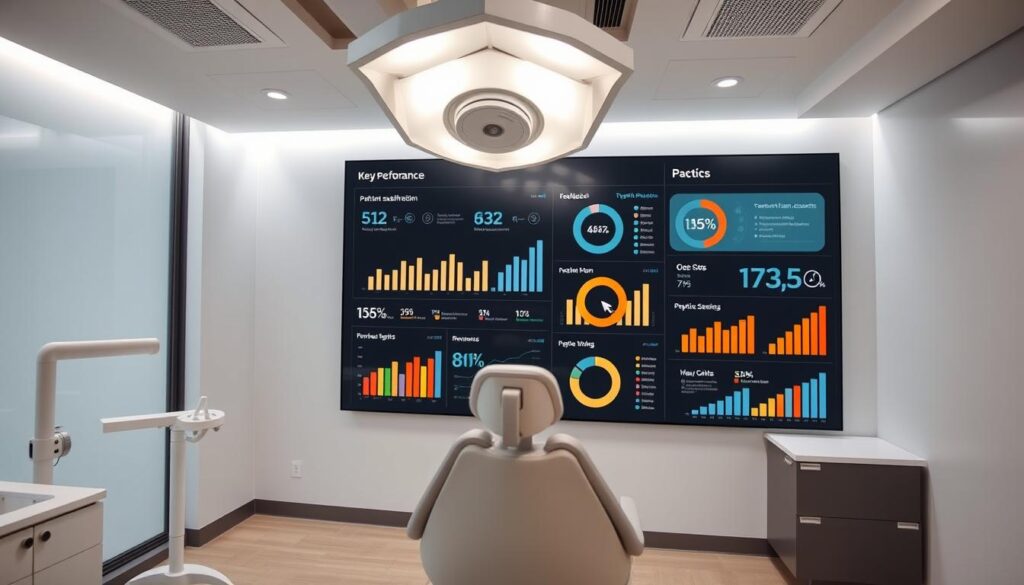 A well-lit, professional dental office with a prominent display of key performance indicators (KPIs) on a large, sleek dashboard. The dashboard features various graphs, charts, and statistics tracking metrics such as patient satisfaction, appointment attendance, treatment plan acceptance, and revenue growth. The office has a modern, minimalist design with clean lines, neutral colors, and subtle accent lighting. The KPI display is positioned prominently, commanding attention and conveying a sense of data-driven decision making and practice optimization. The overall scene evokes a sense of efficiency, transparency, and a commitment to continuous improvement in the delivery of quality dental care.