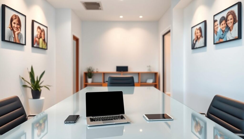 A well-lit, professional-grade photograph of a modern, minimalist office space with a sleek, glass-topped desk. On the desk, a laptop, a smartphone, and a tablet are arranged neatly, highlighting the digital nature of social media marketing for a dental clinic. The walls are adorned with framed images of happy patients, subtly emphasizing the clinical's focus on patient care. Soft, warm lighting creates a calming, inviting atmosphere, while the clean, sparse design conveys a sense of professionalism and efficiency. The scene captures the essence of a dental clinic's comprehensive digital marketing strategy, seamlessly integrating social media platforms to connect with and engage its patients.