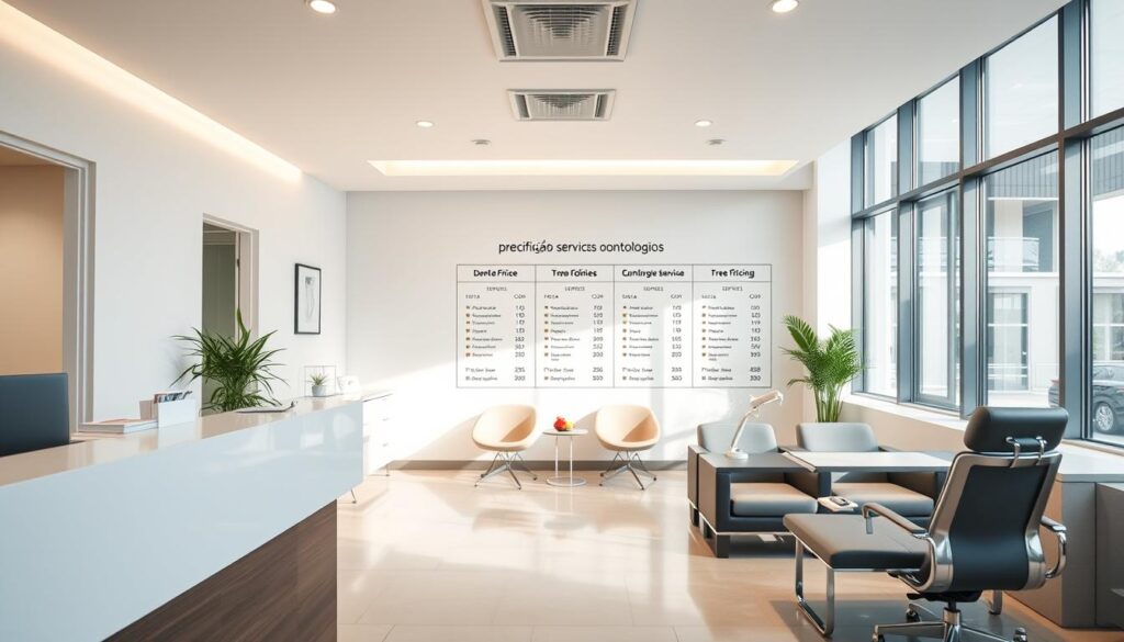 A well-lit, professional-looking dental office interior, showcasing a stylish reception area with modern furniture and a sleek, minimalist aesthetic. In the foreground, a receptionist's desk with a laptop and various office supplies, suggesting an organized and efficient workflow. Behind it, a middle ground featuring a waiting area with comfortable chairs and a prominent display of dental services and pricing information, highlighting the "precificação serviços odontológicos" concept. The background depicts a clean, airy space with large windows, allowing natural light to flood the room and create a calming, inviting atmosphere for patients. The overall scene conveys a sense of professionalism, attention to detail, and a focus on providing transparent and strategic pricing for dental services.
