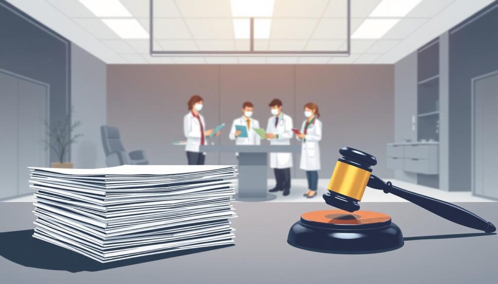 A well-lit, professional-looking illustration depicting the regulations and guidelines set forth by the Federal Council of Dentistry (CFO) for dental marketing practices. In the foreground, a stack of official documents and a gavel symbolizing the authoritative nature of these regulations. In the middle ground, a group of dentists reviewing materials, illustrating their need to adhere to the CFO's guidelines. In the background, a modern, minimalist office setting with clean lines and muted tones, conveying a sense of professionalism and compliance. The overall mood is one of seriousness and attention to detail, reflecting the importance of following the CFO's marketing rules for dental practices.