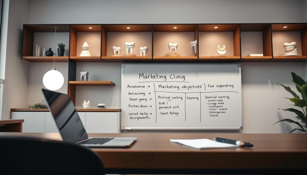 A well-lit, professional-looking marketing plan for a dental clinic, with a clean, modern aesthetic. In the foreground, a desk with a laptop, pen, and notepad, symbolizing the planning process. In the middle ground, a whiteboard with key marketing objectives, strategies, and a timeline, all written in a clear, legible manner. In the background, shelves displaying dental equipment and models, hinting at the clinic's expertise. The lighting is soft and even, creating a calm, focused atmosphere. The overall composition emphasizes organization, attention to detail, and a strategic approach to dental marketing.