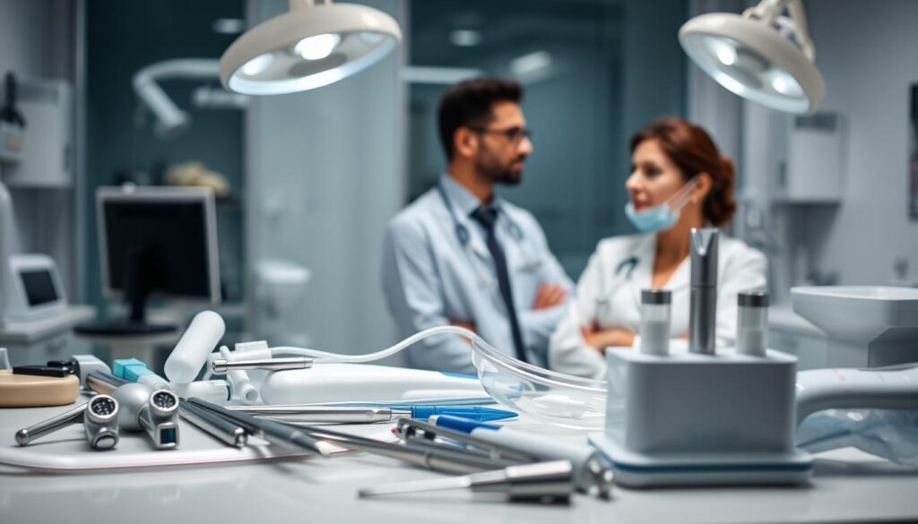 A well-lit, professional-looking medical office setting with various dental equipment and tools neatly arranged on a counter or table in the foreground. In the middle ground, a dentist and assistant are engaged in a discussion, their expressions conveying a sense of concern or focus. The background should depict a clean, modern dental clinic interior with subtle details that suggest a well-managed, efficient practice. The overall mood should be one of clinical professionalism and attention to detail, reflecting the challenges and common pitfalls of managing a successful dental practice.