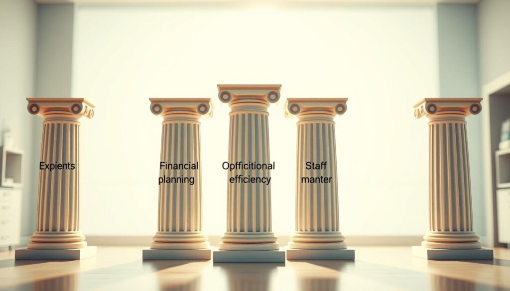 A well-lit, sharply focused image depicting the five core pillars of efficient dental office management. In the foreground, a row of sturdy, decorative columns representing the key administrative cornerstones: patient experience, financial planning, operational efficiency, staff development, and digital innovation. The columns stand tall against a bright, airy background suggestive of a modern, professional clinic. Warm lighting casts subtle shadows, emphasizing the solidity and importance of these foundational elements. The overall composition conveys a sense of balance, stability, and a forward-thinking approach to dental practice management.