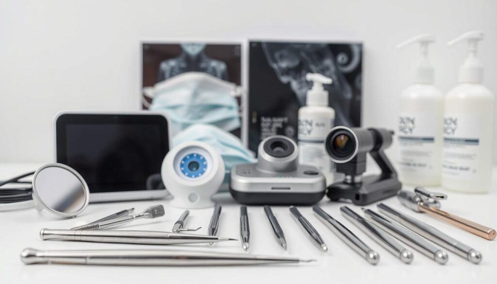 A well-lit, sharply focused image of an assortment of dental tools and equipment arranged neatly on a clean, white surface. In the foreground, a set of stainless steel dental instruments, including a mirror, probe, and various picks and scrapers, are displayed with precision. The middle ground features an x-ray viewer, a USB-powered LED curing light, and a digital dental camera, all conveying a sense of modern, state-of-the-art dental technology. In the background, a row of sterilized surgical masks, latex gloves, and disinfectant bottles suggest a clinical, hygienic environment. The overall mood is one of professionalism, attention to detail, and the latest advancements in dental healthcare.