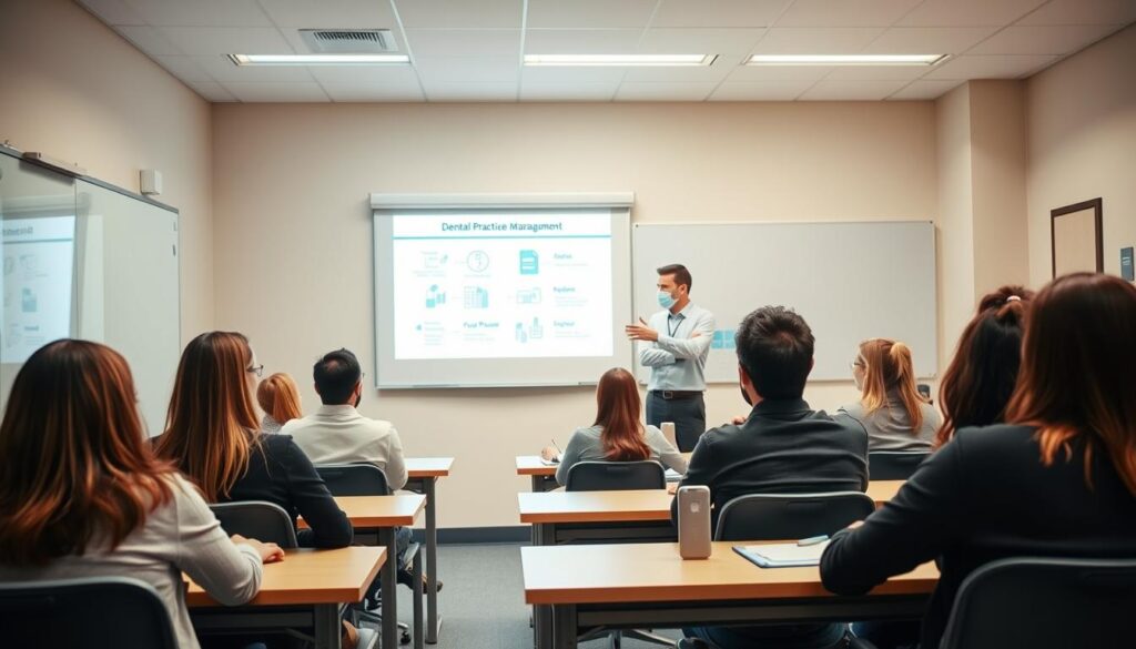 A well-lit, wide-angle view of a classroom setting with desks, chairs, and a whiteboard in the background. In the foreground, a group of students intently focused on an instructor who is gesturing towards a presentation on the board, illustrating key concepts related to dental practice management. The scene conveys a sense of engaged learning, with the students immersed in the subject matter. The lighting is warm and natural, creating a inviting and professional atmosphere.