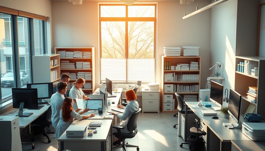 A well-organized and efficient office workflow, with meticulously arranged desks, computers, and various medical equipment. The scene is bathed in warm, natural lighting filtering through large windows, creating a calming, professional atmosphere. In the foreground, a team of healthcare professionals engage in collaborative discussions, referencing detailed charts and schedules. The middle ground showcases a streamlined patient intake area, with a receptionist attending to inquiries. In the background, a neatly organized storage area houses an abundance of medical supplies, reflecting the clinic's preparedness and attention to detail. The overall composition conveys a sense of order, productivity, and a patient-centric approach to dental care.