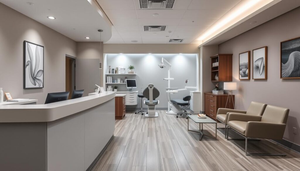 A well-organized and efficiently designed dental office, with a calm and professional atmosphere. The foreground features a modern reception desk with clean lines and a minimalist aesthetic, complemented by sleek waiting room furniture. The middle ground showcases a neatly arranged treatment area, with state-of-the-art dental equipment and supplies meticulously organized. The background depicts soothing, neutral-toned walls, accented by tasteful artwork and calming lighting, creating a serene and inviting environment for patients. The overall composition conveys a sense of attention to detail, thoughtful planning, and a commitment to providing exceptional dental care.